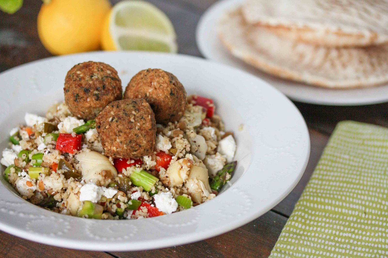 Asparagus and artichoke cous cous salad with falafel